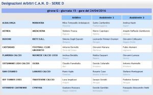 designazioni arbitrali 32^ giornata Serie D girone G 2015-16